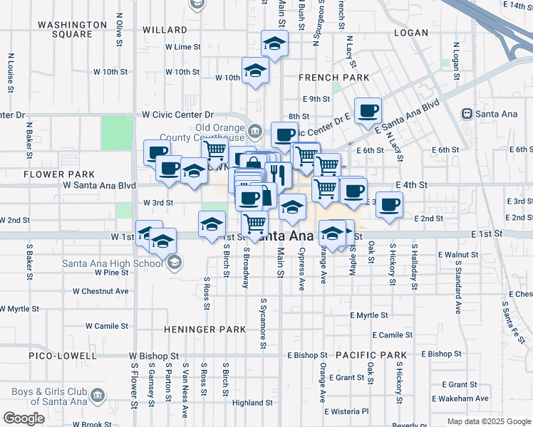 map of restaurants, bars, coffee shops, grocery stores, and more near 221 North Sycamore Street in Santa Ana