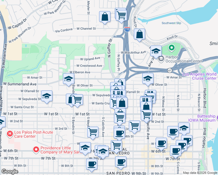 map of restaurants, bars, coffee shops, grocery stores, and more near 745 West Oliver Street in Los Angeles