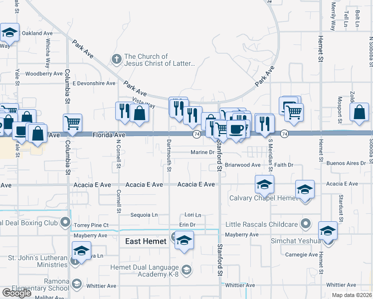 map of restaurants, bars, coffee shops, grocery stores, and more near 41594 Marine Drive in Hemet