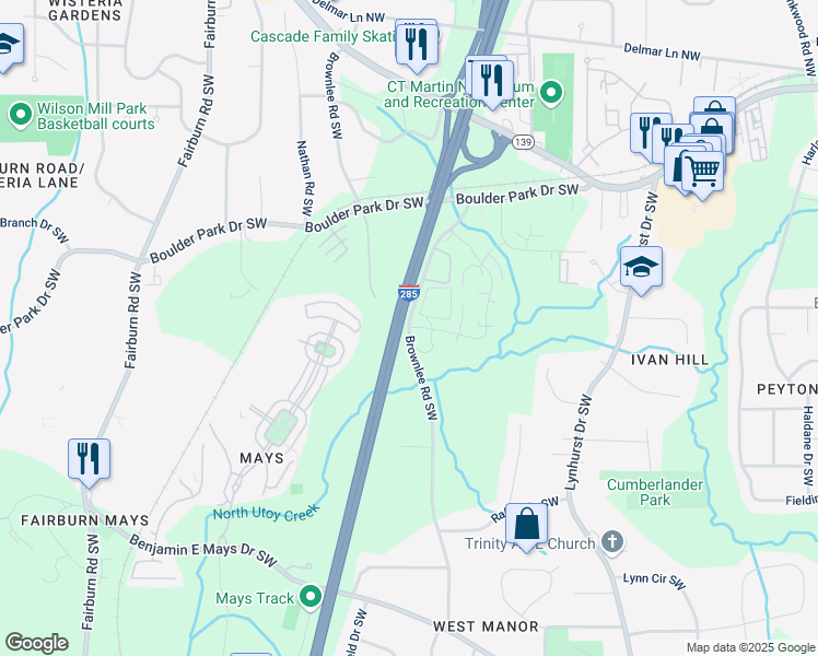 map of restaurants, bars, coffee shops, grocery stores, and more near Brownlee Rd SW & Scott St SW in Atlanta