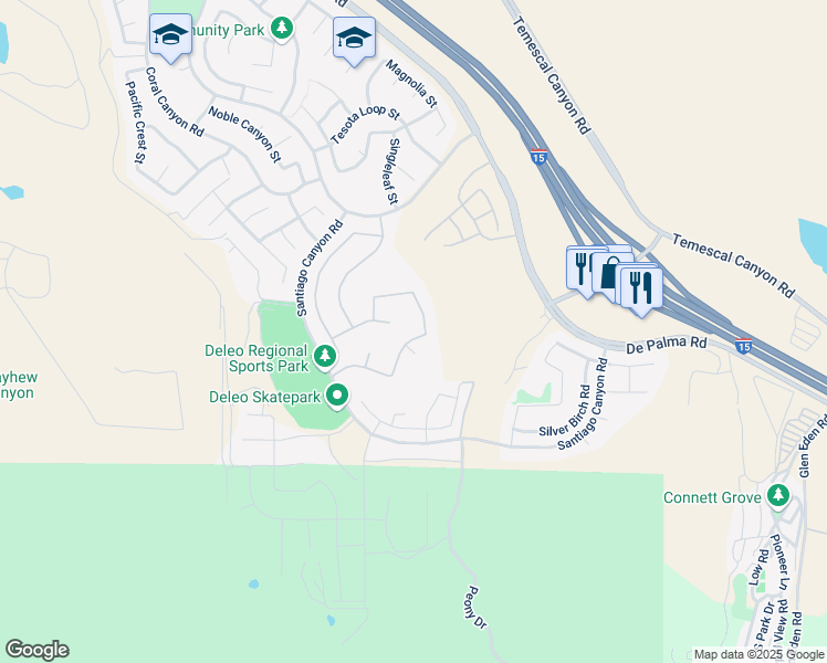 map of restaurants, bars, coffee shops, grocery stores, and more near 25719 Lacebark Road in Corona
