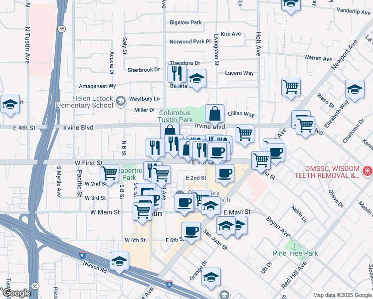 map of restaurants, bars, coffee shops, grocery stores, and more near 131 Hall Circle in Tustin