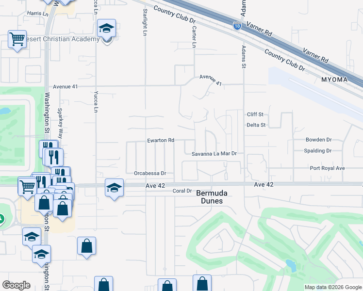 map of restaurants, bars, coffee shops, grocery stores, and more near 78680 Ewarton Road in Bermuda Dunes