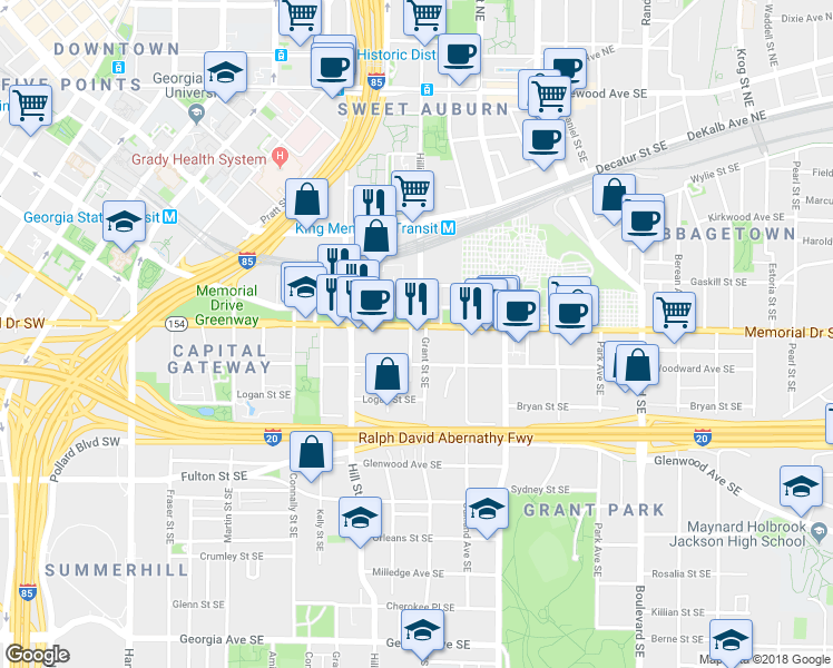 map of restaurants, bars, coffee shops, grocery stores, and more near 327 Memorial Drive Southeast in Atlanta