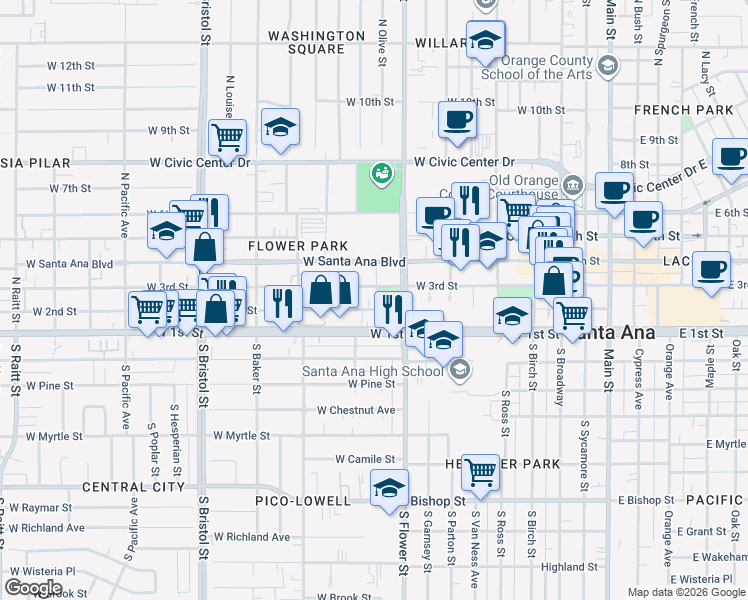map of restaurants, bars, coffee shops, grocery stores, and more near 1002 West 3rd Street in Santa Ana