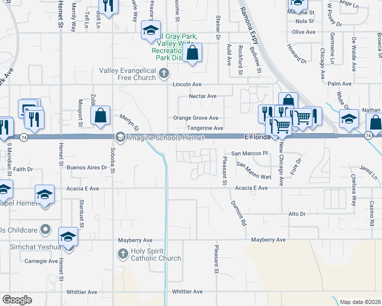 map of restaurants, bars, coffee shops, grocery stores, and more near 42751 East Florida Avenue in Hemet