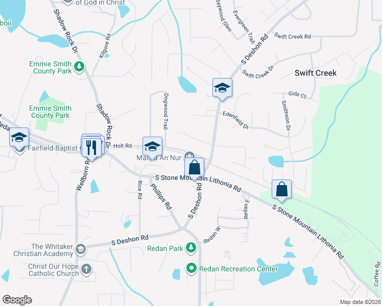 map of restaurants, bars, coffee shops, grocery stores, and more near 6244 Holt Road in Lithonia