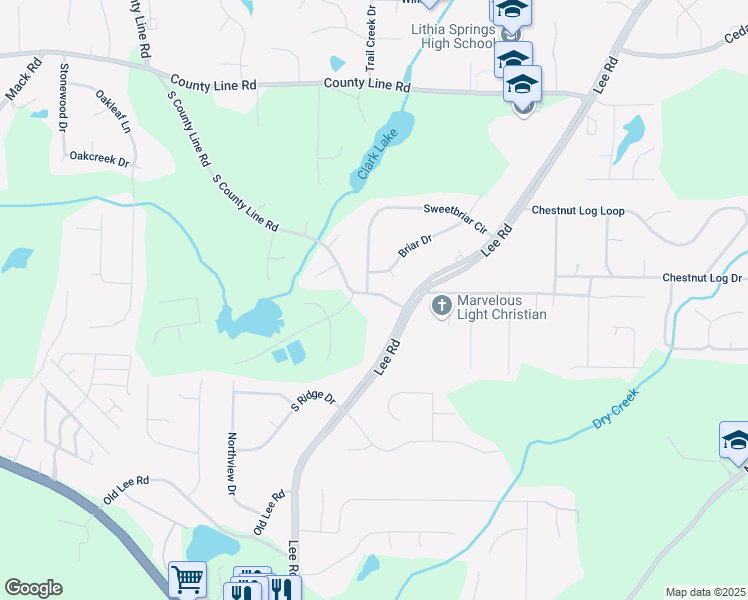 map of restaurants, bars, coffee shops, grocery stores, and more near 3830 South County Line Road in Lithia Springs