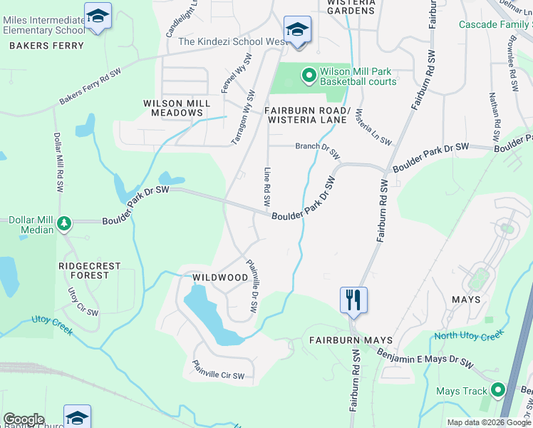 map of restaurants, bars, coffee shops, grocery stores, and more near Boulder Park Drive Southwest in Atlanta
