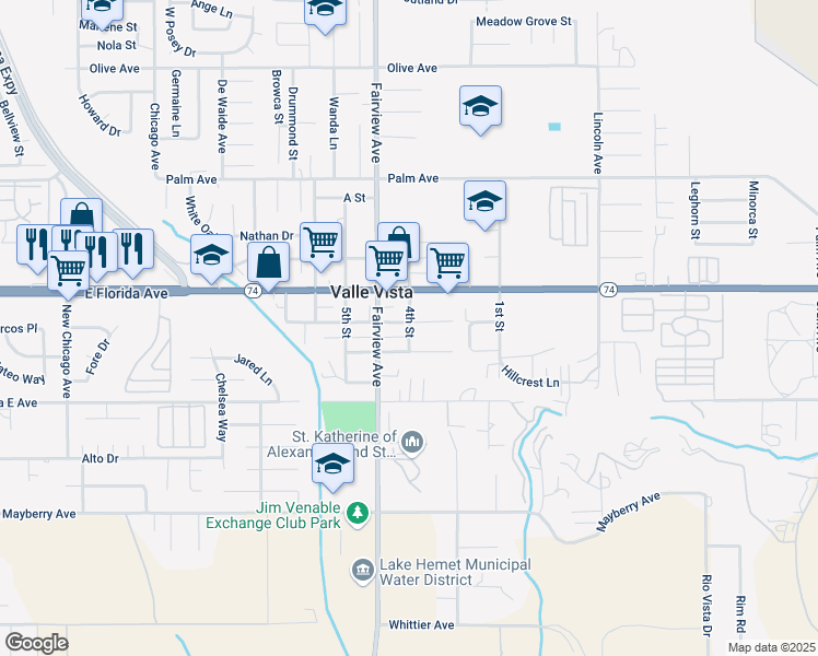 map of restaurants, bars, coffee shops, grocery stores, and more near 25807 4th Street in Hemet