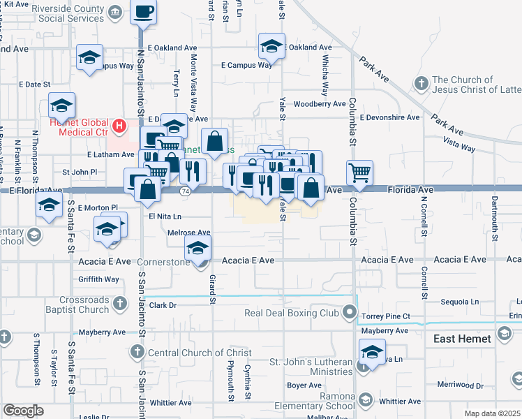 map of restaurants, bars, coffee shops, grocery stores, and more near 1939 East Florida Avenue in Hemet