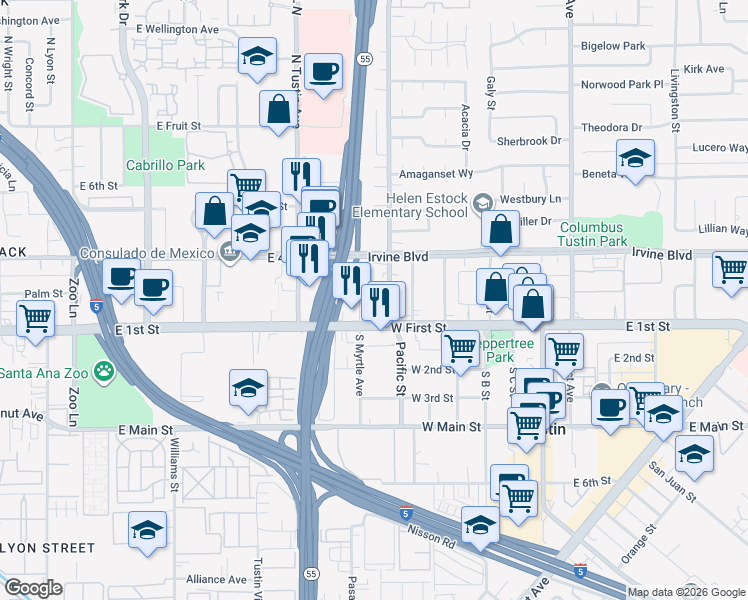 map of restaurants, bars, coffee shops, grocery stores, and more near 165 North Myrtle Avenue in Tustin