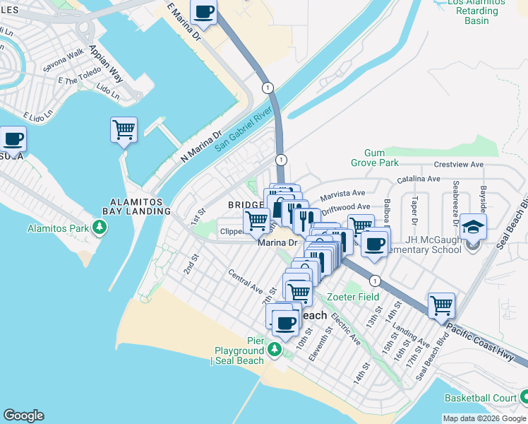 map of restaurants, bars, coffee shops, grocery stores, and more near in Seal Beach