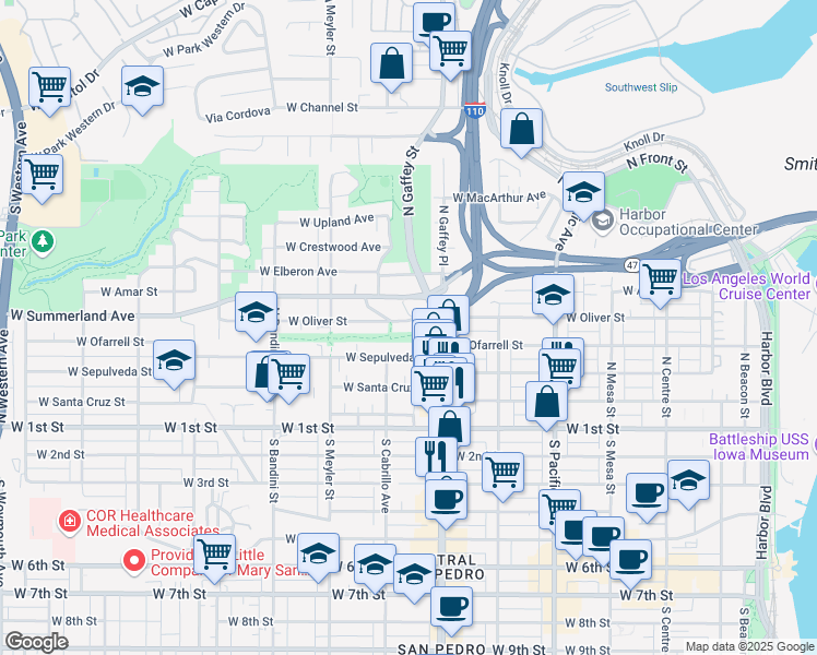 map of restaurants, bars, coffee shops, grocery stores, and more near 745 West Oliver Street in Los Angeles