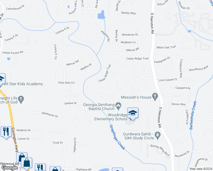 map of restaurants, bars, coffee shops, grocery stores, and more near 1438 Walnut Ridge Way in Stone Mountain