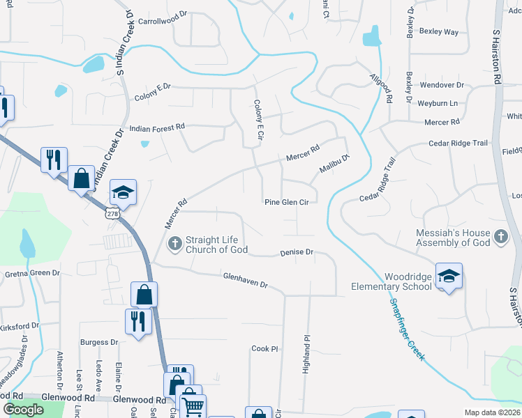 map of restaurants, bars, coffee shops, grocery stores, and more near 1536 Pine Glen Circle in Decatur