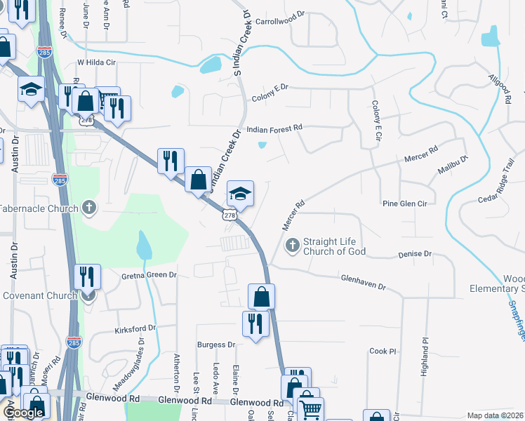 map of restaurants, bars, coffee shops, grocery stores, and more near 4230 Alden Park Drive in Decatur