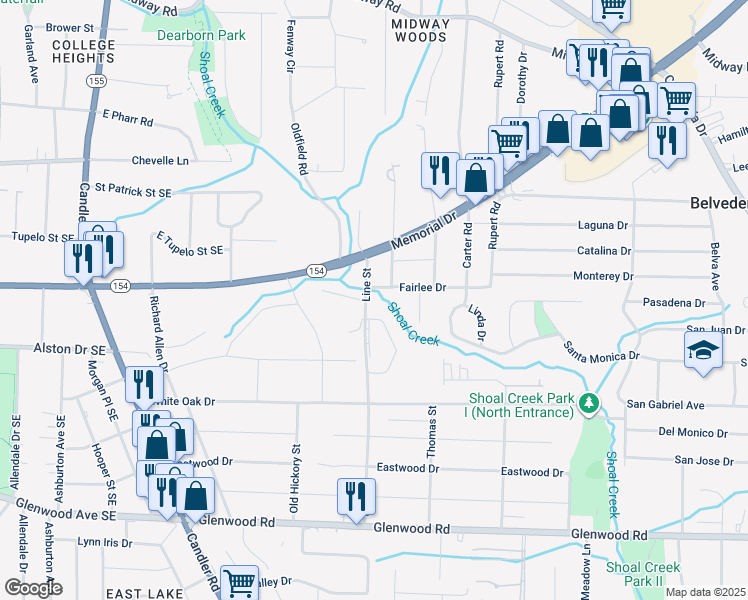 map of restaurants, bars, coffee shops, grocery stores, and more near in Belvedere Park