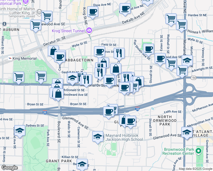 map of restaurants, bars, coffee shops, grocery stores, and more near 780 Memorial Drive Southeast in Atlanta