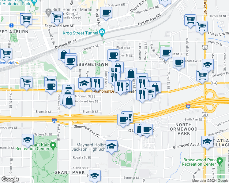 map of restaurants, bars, coffee shops, grocery stores, and more near 780 Memorial Drive Southeast in Atlanta