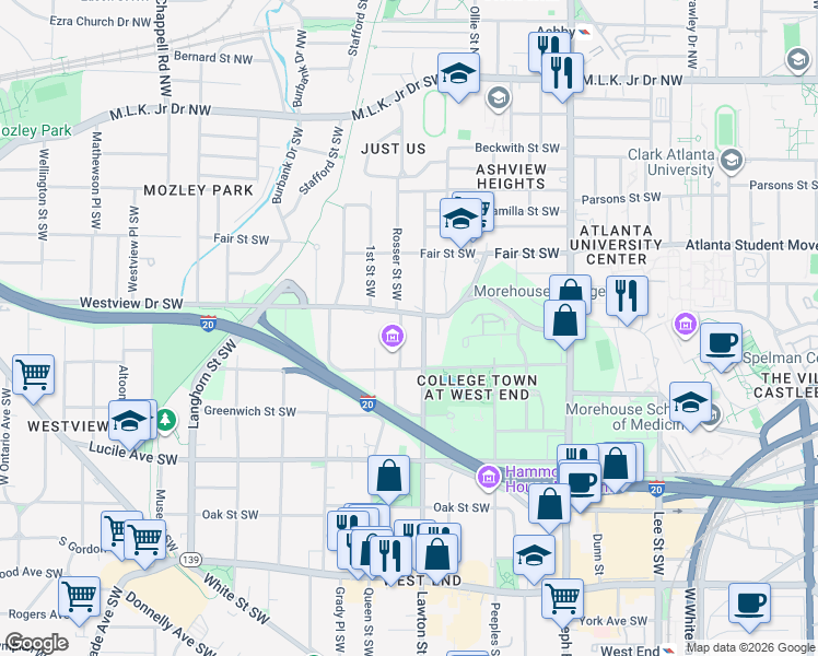 map of restaurants, bars, coffee shops, grocery stores, and more near 305 Dargan Place Southwest in Atlanta