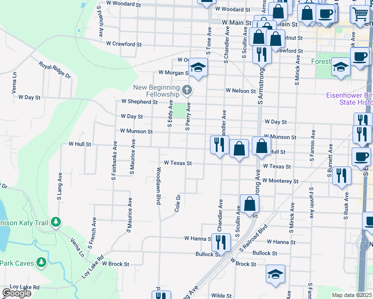 map of restaurants, bars, coffee shops, grocery stores, and more near 1211 West Hull Street in Denison