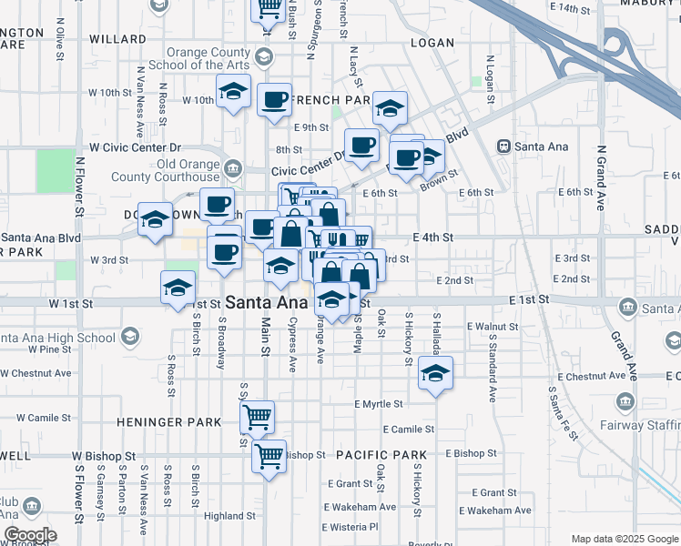 map of restaurants, bars, coffee shops, grocery stores, and more near 307 East First Street in Santa Ana