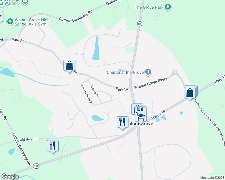 map of restaurants, bars, coffee shops, grocery stores, and more near 950 Park Street in Walnut Grove