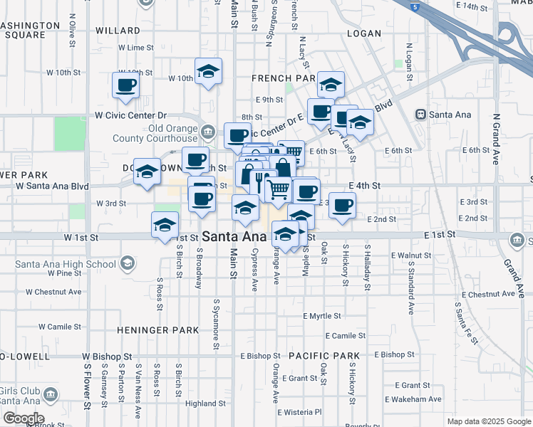 map of restaurants, bars, coffee shops, grocery stores, and more near 268 North Spurgeon Street in Santa Ana