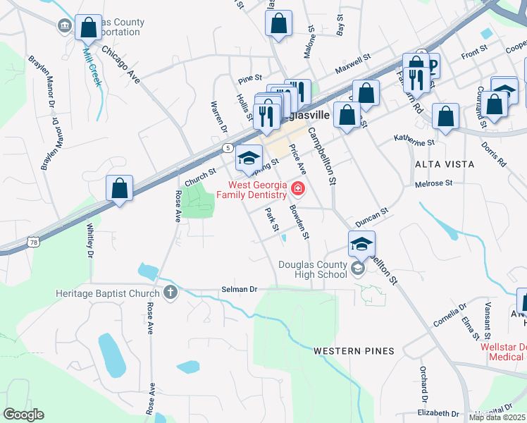 map of restaurants, bars, coffee shops, grocery stores, and more near 6728 Clark Street in Douglasville