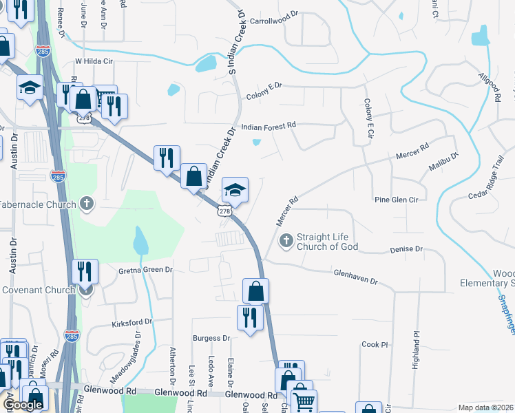 map of restaurants, bars, coffee shops, grocery stores, and more near 4230 Alden Park Drive in Decatur