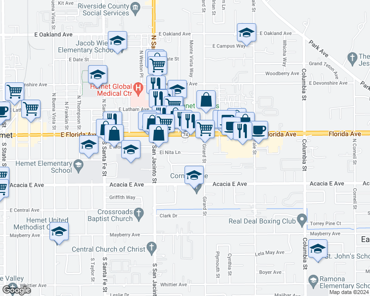 map of restaurants, bars, coffee shops, grocery stores, and more near 1550 El Nita Lane in Hemet