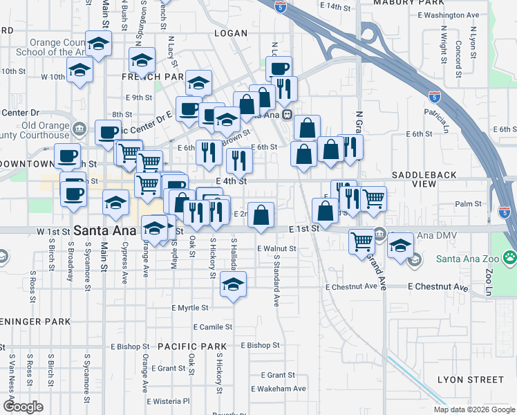 map of restaurants, bars, coffee shops, grocery stores, and more near 905 East 2nd Street in Santa Ana