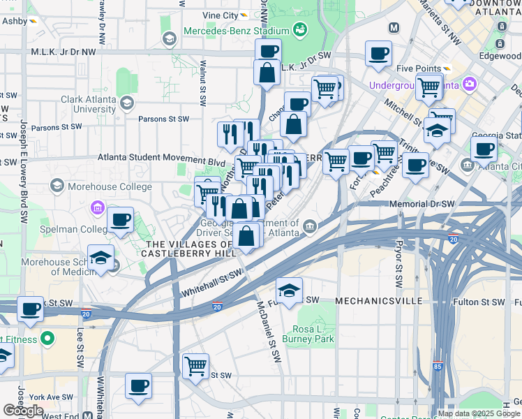 map of restaurants, bars, coffee shops, grocery stores, and more near 291 Walker Street Southwest in Atlanta