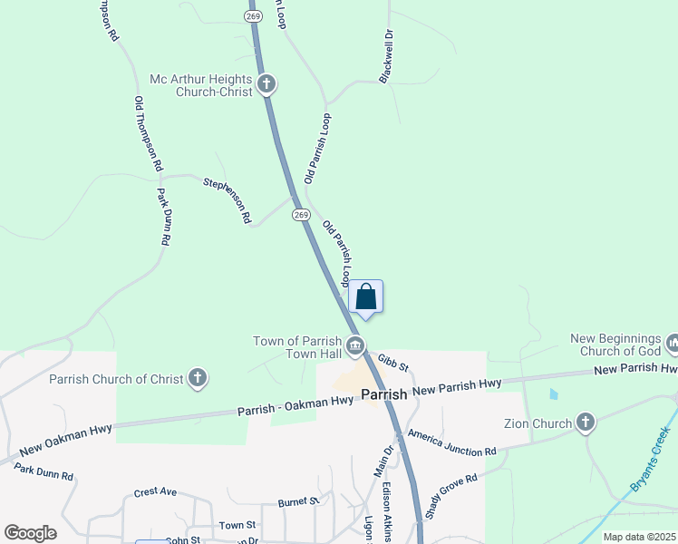 map of restaurants, bars, coffee shops, grocery stores, and more near 5947 Alabama 269 in Parrish