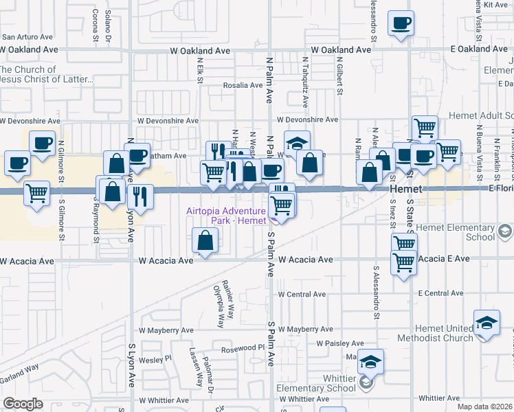 map of restaurants, bars, coffee shops, grocery stores, and more near 1005 West Florida Avenue in Hemet