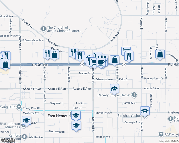 map of restaurants, bars, coffee shops, grocery stores, and more near 2579 Stanford Street in Hemet