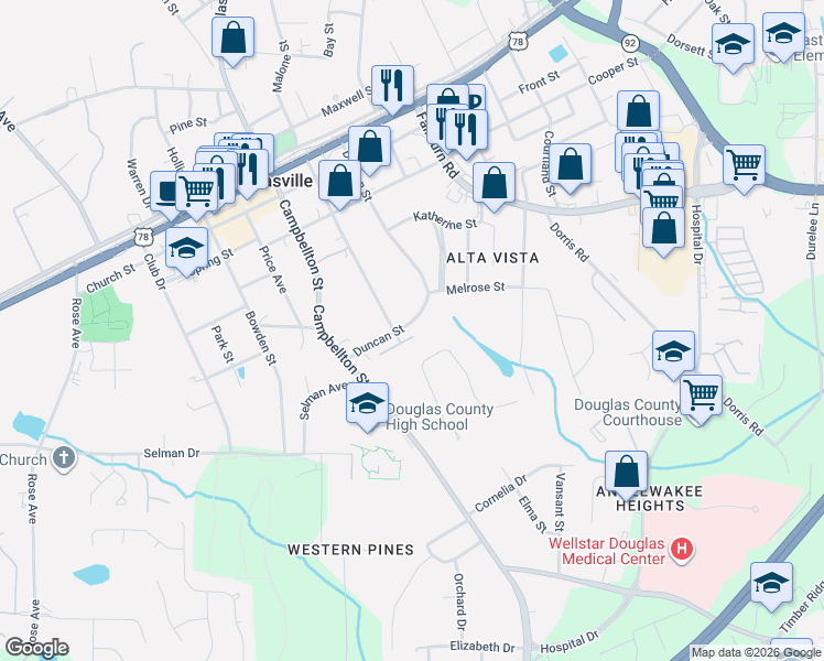 map of restaurants, bars, coffee shops, grocery stores, and more near 8588 Adair Street in Douglasville