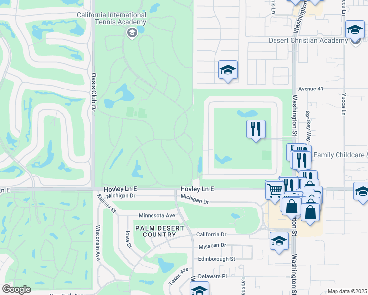 map of restaurants, bars, coffee shops, grocery stores, and more near 41694 Preston Trail in Palm Desert