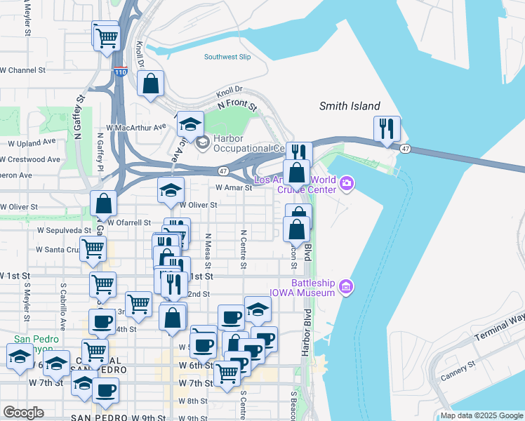 map of restaurants, bars, coffee shops, grocery stores, and more near 233 West Oliver Street in Los Angeles