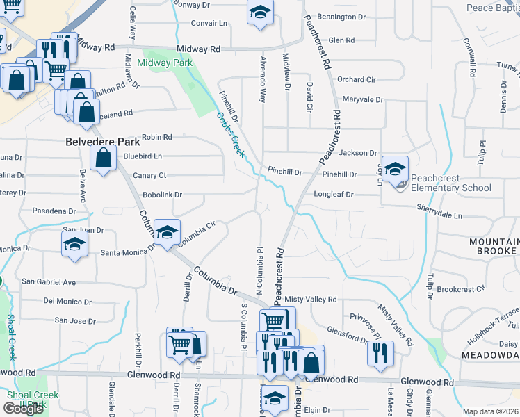 map of restaurants, bars, coffee shops, grocery stores, and more near 3291 Bobolink Drive in Decatur