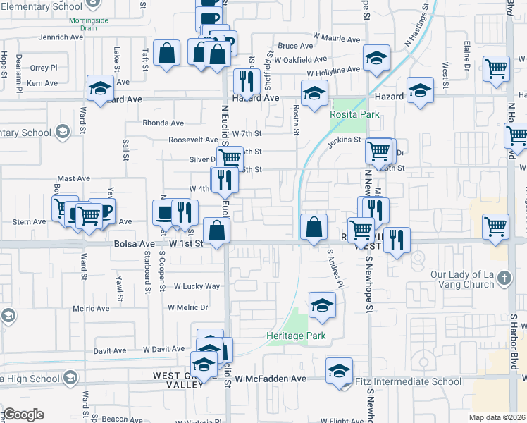 map of restaurants, bars, coffee shops, grocery stores, and more near 323 North Euclid Street in Santa Ana