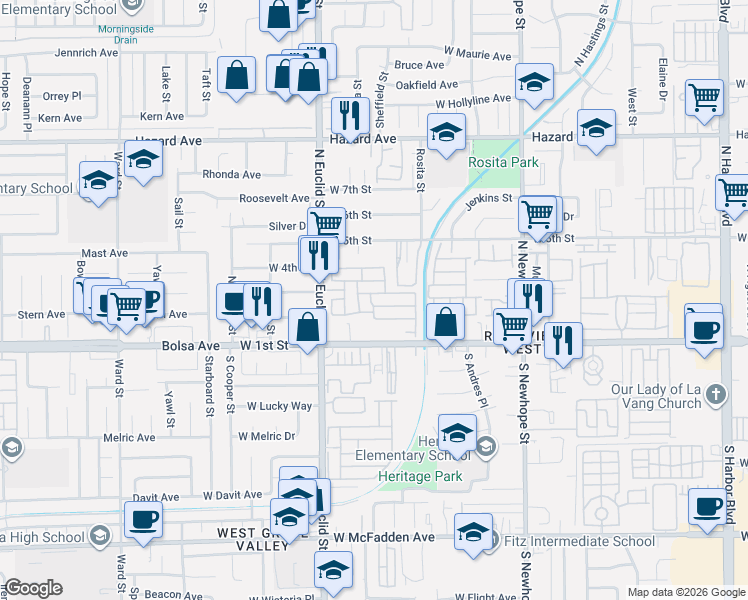 map of restaurants, bars, coffee shops, grocery stores, and more near 323 South Euclid Street in Santa Ana