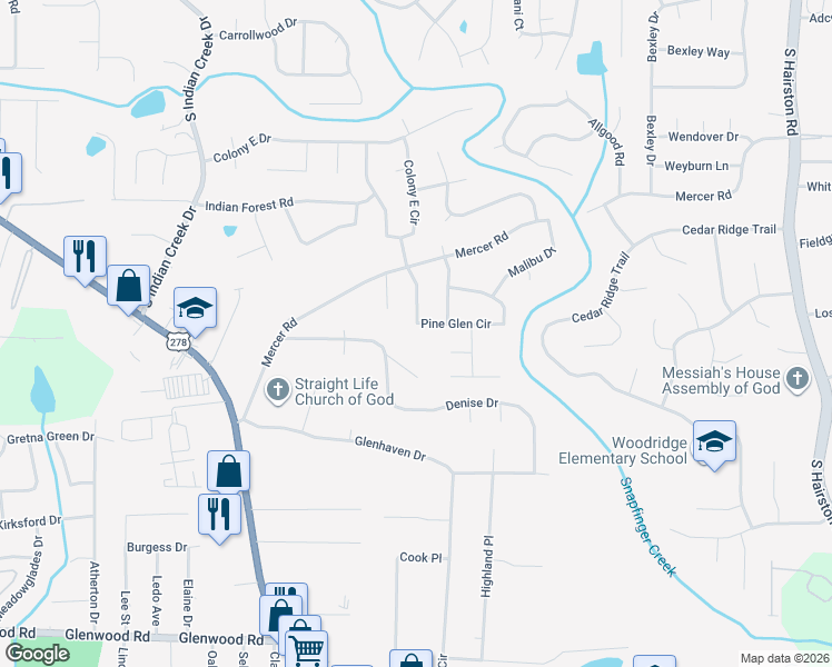 map of restaurants, bars, coffee shops, grocery stores, and more near 1536 Pine Glen Circle in Decatur