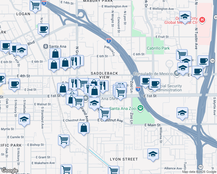 map of restaurants, bars, coffee shops, grocery stores, and more near 208 North Wright Street in Santa Ana