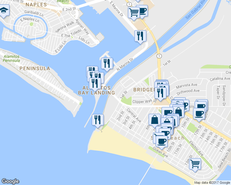 map of restaurants, bars, coffee shops, grocery stores, and more near 306 Regatta Way in Seal Beach