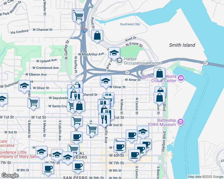 map of restaurants, bars, coffee shops, grocery stores, and more near 469 West Oliver Street in Los Angeles