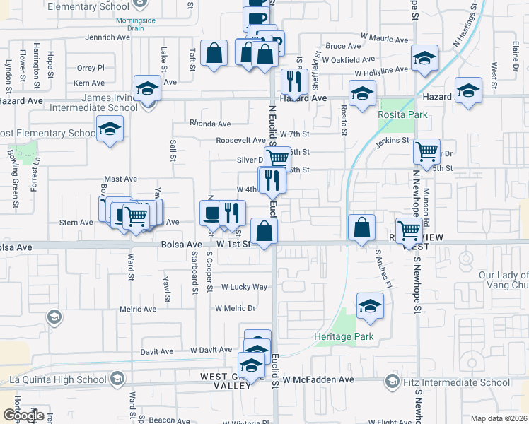 map of restaurants, bars, coffee shops, grocery stores, and more near 306 North Euclid Street in Santa Ana