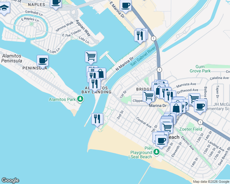map of restaurants, bars, coffee shops, grocery stores, and more near 306 Regatta Way in Seal Beach