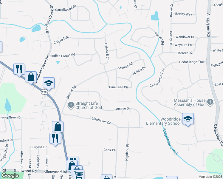 map of restaurants, bars, coffee shops, grocery stores, and more near 1536 Pine Glen Circle in Decatur
